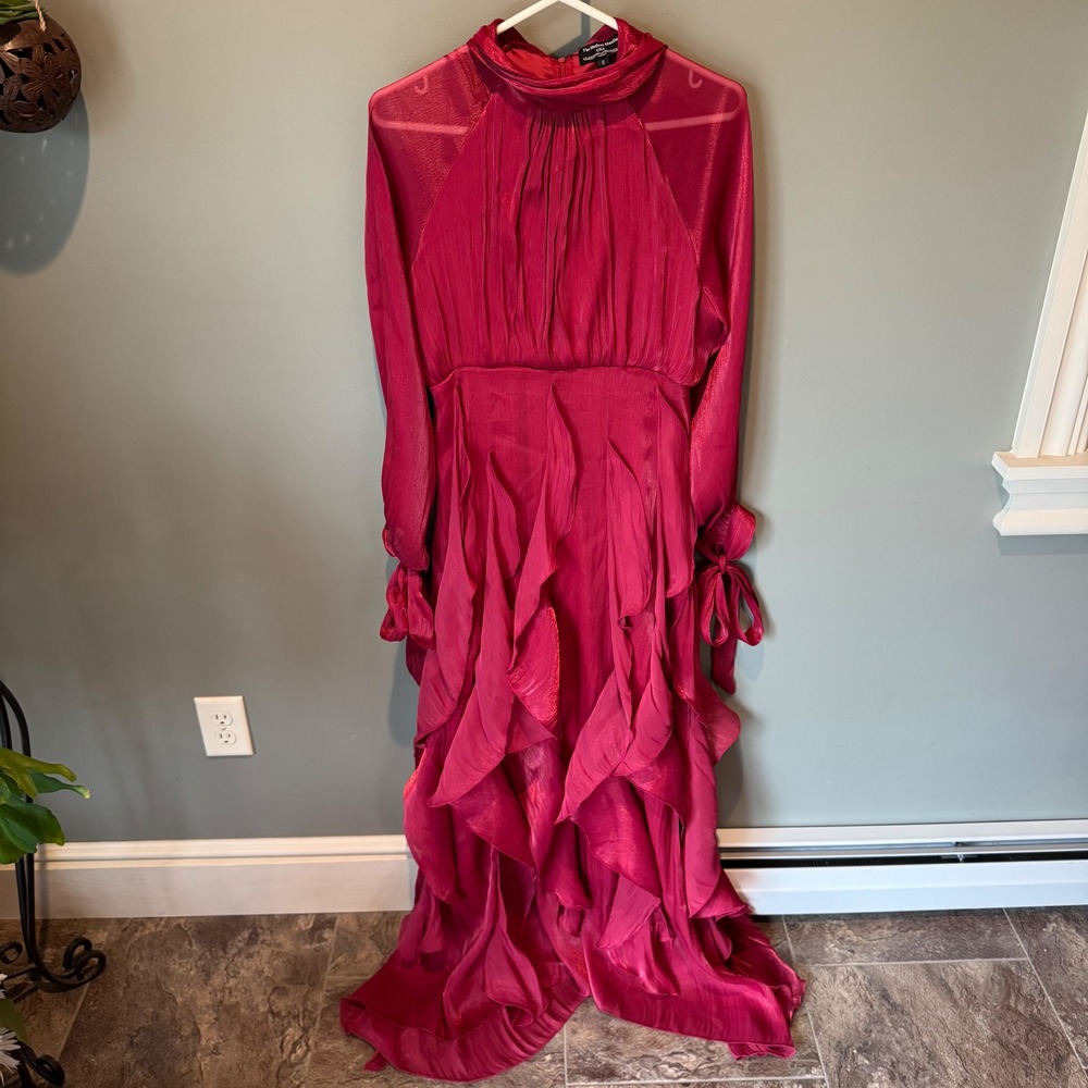 Ruffle Tiered Maxi Dress Women Size S Magenta Pink Shimmer Modest Long Sleeve